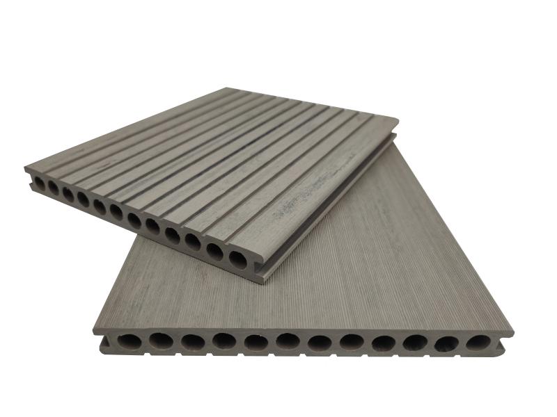 Traditional decking wpc hollow 12 round holes 250x25mm groove surface high quality Duo light grey for outdoor Featured Image